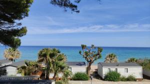 a house on the beach with palm trees and the ocean at Alannia Costa Dorada in Platja de l’Almadrava