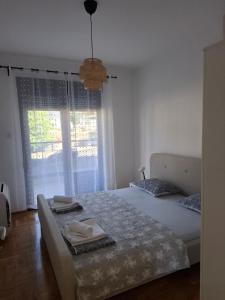 una camera da letto con un letto e una grande finestra di Apartman Astra a Trebinje