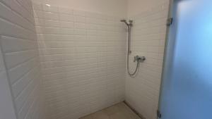 een badkamer met een douche met witte tegels bij Ignaz 28 Apartment#2 in Salzburg