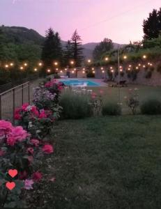 a backyard with a swimming pool and pink flowers at I Giardini di Marcello in Dicomano