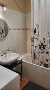 a bathroom with a sink and a shower curtain at Casablanca Apartman in Hajdúszoboszló