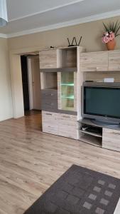 a living room with a television in a wooden entertainment center at Casablanca Apartman in Hajdúszoboszló