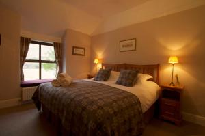 ein Schlafzimmer mit einem großen Bett und einem Fenster in der Unterkunft Dolffanog Fawr in Tal-y-llyn