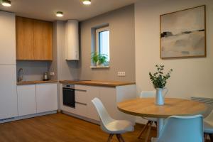 a kitchen with a wooden table and a table and chairs at Apartmány Římský vrch s úžasným výhledem na Pálavu in Pasohlávky