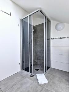 a shower with a glass door in a bathroom at Ferienwohnung Lindpointner in Innerschwand am Mondsee +38 photos