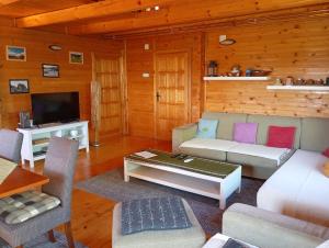 a living room with a couch and a tv at Boskovica Brvnare in Žabljak