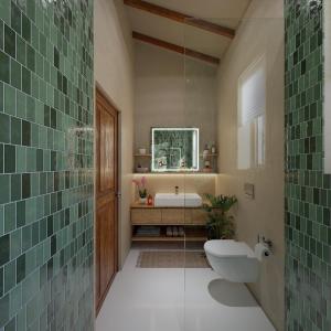 un bagno con un water, un lavandino e uno specchio di C Roque Beach Resort a Colva Altre 37 foto
