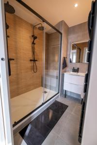 a bathroom with a shower and a sink at Ecrin des Alpes, Jacuzzi, Netflix, Ambiance chalet in Saint-Étienne