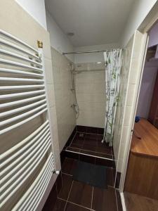 a bathroom with a shower with a shower curtain at Centrum Vendégház in Debrecen