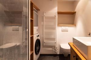 a bathroom with a shower and a toilet and a sink at La Ruinette-spacious studio in Verbier centre in Verbier +7 photos