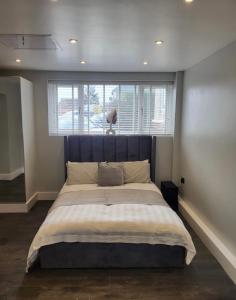 a bedroom with a large bed with a large window at Trendy Studio With A Private Garden in Chatham
