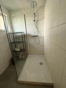 a shower with a glass door in a bathroom at Ferienwohnung am Romberg in Lohr +6 photos