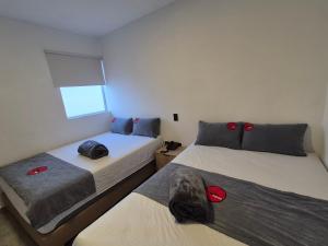 zwei Betten in einem kleinen Zimmer mit roten Kissen darauf in der Unterkunft Hotel Spa Laureles in Medellín