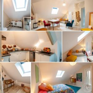 een collage van foto's van een keuken en een woonkamer bij L'Artiste - 60 m - 1 Bedroom in Orléans
