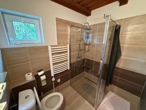 ein Badezimmer mit Toilette und Glasdusche in der Unterkunft Chata Renďo in Kokava na Rimavica