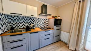 a kitchen with white cabinets and a sink at Lychen-Daheim, 2-Zimmer-Apartment im Herzen von Lychen in Lychen +10 photos