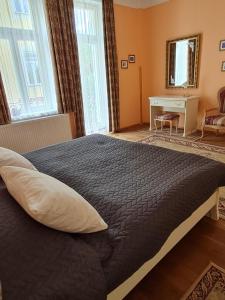 sypialnia z dużym łóżkiem i biurkiem w obiekcie Villa Sonnenstrahl w Mariańskich Łaźniach