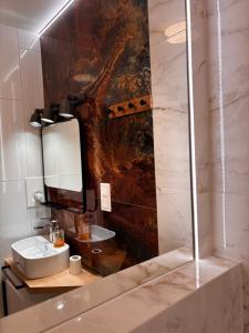 a bathroom with a sink and a mirror at Goździkowy Apartament in Frombork