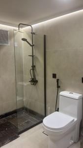 a bathroom with a toilet and a glass shower at Al Hyatt Jeddah Continental Hotel in Jeddah