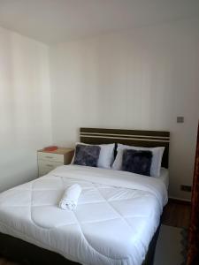 a bedroom with a large white bed with blue pillows at tatu city cozy corner unity west in Tatu City
