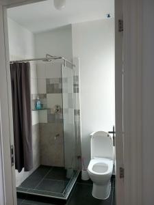 a bathroom with a toilet and a glass shower at tatu city cozy corner unity west in Tatu City