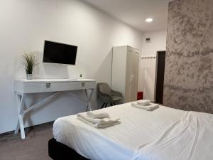 a bedroom with a bed and a desk and a television at Pensiunea Raya in Dubova