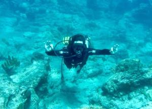 a person in the water with a snorkelling device at Villa Kaz K vue sur la mer des Caraibes in Bouillante