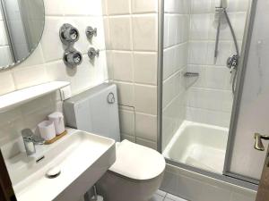 a bathroom with a toilet and a sink and a shower at Landliebe mit Seenähe und Innenpool in Petersthal +24 photos