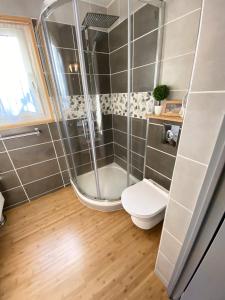 Villa 12 personnes au calme avec piscine في Puget-Ville: حمام مع دش ومرحاض +10 صور