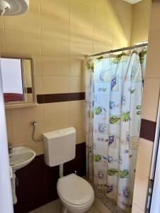 a bathroom with a toilet and a shower curtain at Cache Apartments in Ulcinj