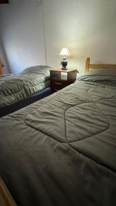 a bedroom with two beds and a night stand with a lamp at Casa centro in Patagones +3 photos