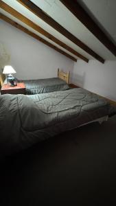 a bedroom with two beds and a table with a lamp at Casa centro in Patagones
