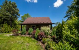 a small cabin with a red roof in a field at Domek Nad Rzeka in Radawa