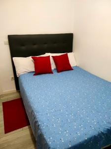 sypialnia z łóżkiem z 2 czerwonymi poduszkami w obiekcie Habitacion cerca a Ciudad de las Artes y las Ciencias w Walencji