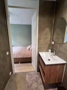 a bathroom with a sink and a mirror and a bed at Huisje 10D in Medemblik