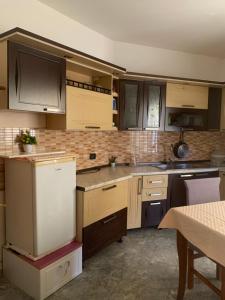 a kitchen with wooden cabinets and a white refrigerator at Serenade Beach in Durrës