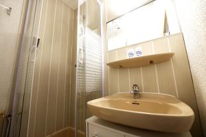 a bathroom with a sink and a shower at Le Balcon des Ecrins in Réallon +35 photos