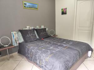 ein Schlafzimmer mit einem Bett mit einer blauen Bettdecke in der Unterkunft Caribanou in Le Gosier