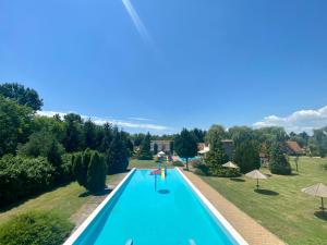 an overhead view of a swimming pool in a garden at 2 hálószobás vendégház in Balatonboglár