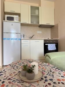 a kitchen with a table with a tray with plants on it at Apartment Premier Fort Beach hotel F1 420 in Sveti Vlas