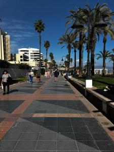 a sidewalk with palm trees and people walking down it at Sunny apartment Carihuela in Torremolinos