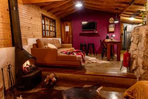 a living room with a couch and a fireplace at Cabana Lobo Guará in Paiol Grande