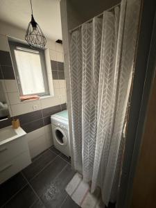 ein Badezimmer mit Dusche, Toilette und Fenster in der Unterkunft Appartement centre historique Auxerre Arrivée autonome in Auxerre