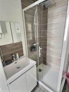 Un baño con lavabo blanco y ducha. en Le Saint-Alpin, en Châlons-en-Champagne