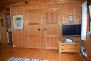a living room with a television and a wooden wall at Skogshytte in Bjordal