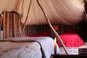una camera da letto con una tenda con due letti e una candela di Campement Akka Nait Sidi - Tissint a Tissint Altre 37 foto