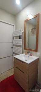 ein Badezimmer mit Waschbecken, Spiegel und Tür in der Unterkunft Centre ville Le Touquet, Villa familiale Villa familiale 3 grandes chambres, terrasse, intimité et Confort in Le Touquet-Paris-Plage