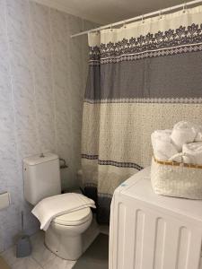 Un baño con inodoro y cortina de ducha en Agape, en Preveza