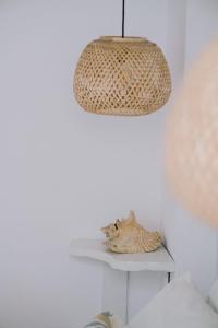 a lamp hanging over a shelf with a cat on it at Lampi's House in Patmos