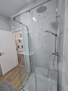コンデイシャ・ア・ノーヴァにあるCasa da Praçaの浴室のガラス扉付きシャワー